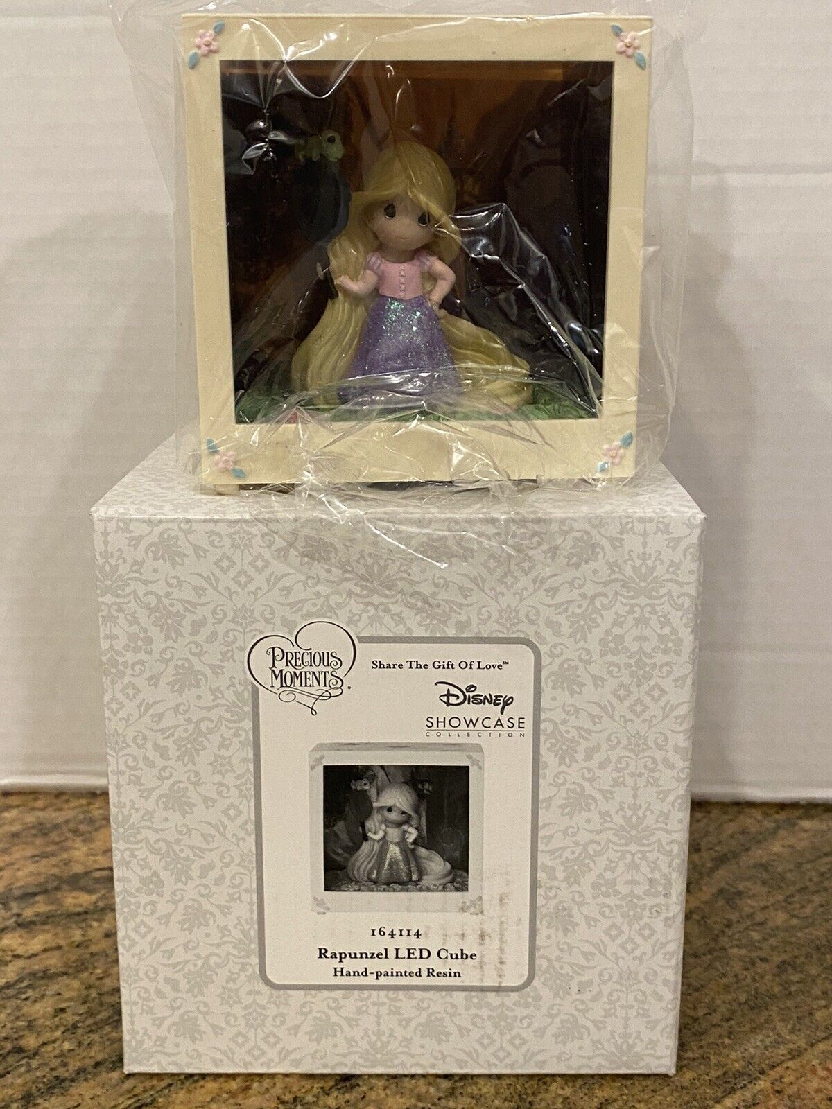 Precious Moments Rapunzel LED Cube Hand Painted Resin Shadow Box Color Changing