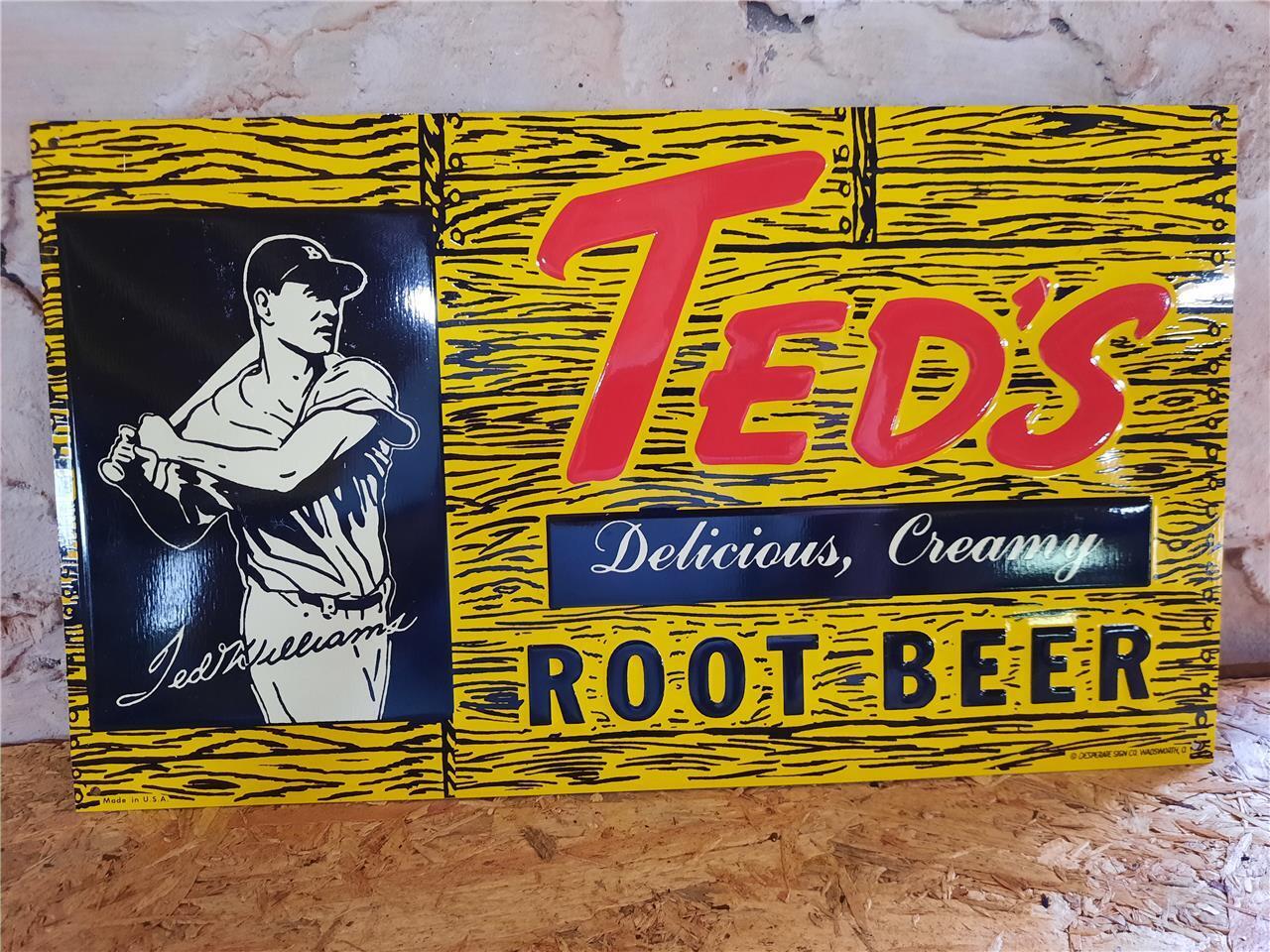 NOS TIN METAL EMBOSSED SIGN TED\'S DELICIOUS CREAMY ROOT BEER WITH ORIGINAL PAPER