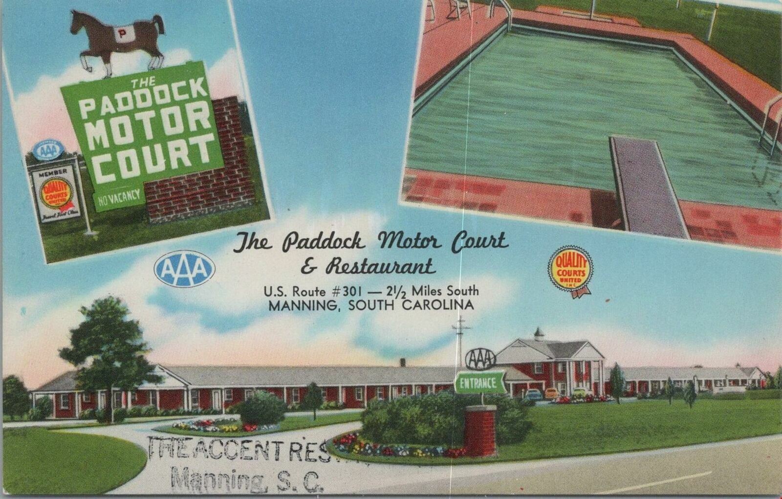 Postcard The Paddock Motor Court & Restaurant Manning South Carolina SC 