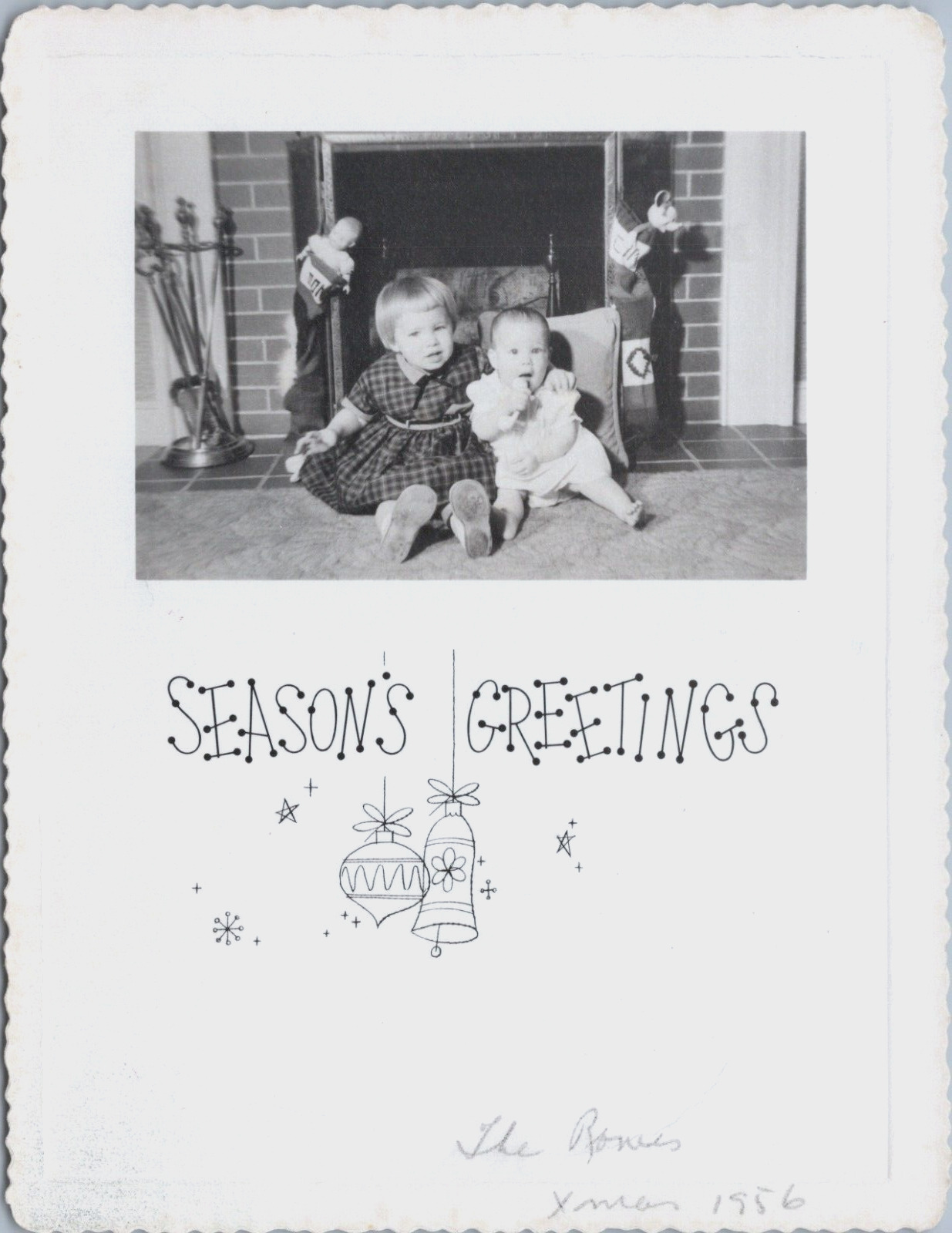 Photo MCM Christmas Card 1956 Children Fireplace Stockings Mickey Mouse Doll