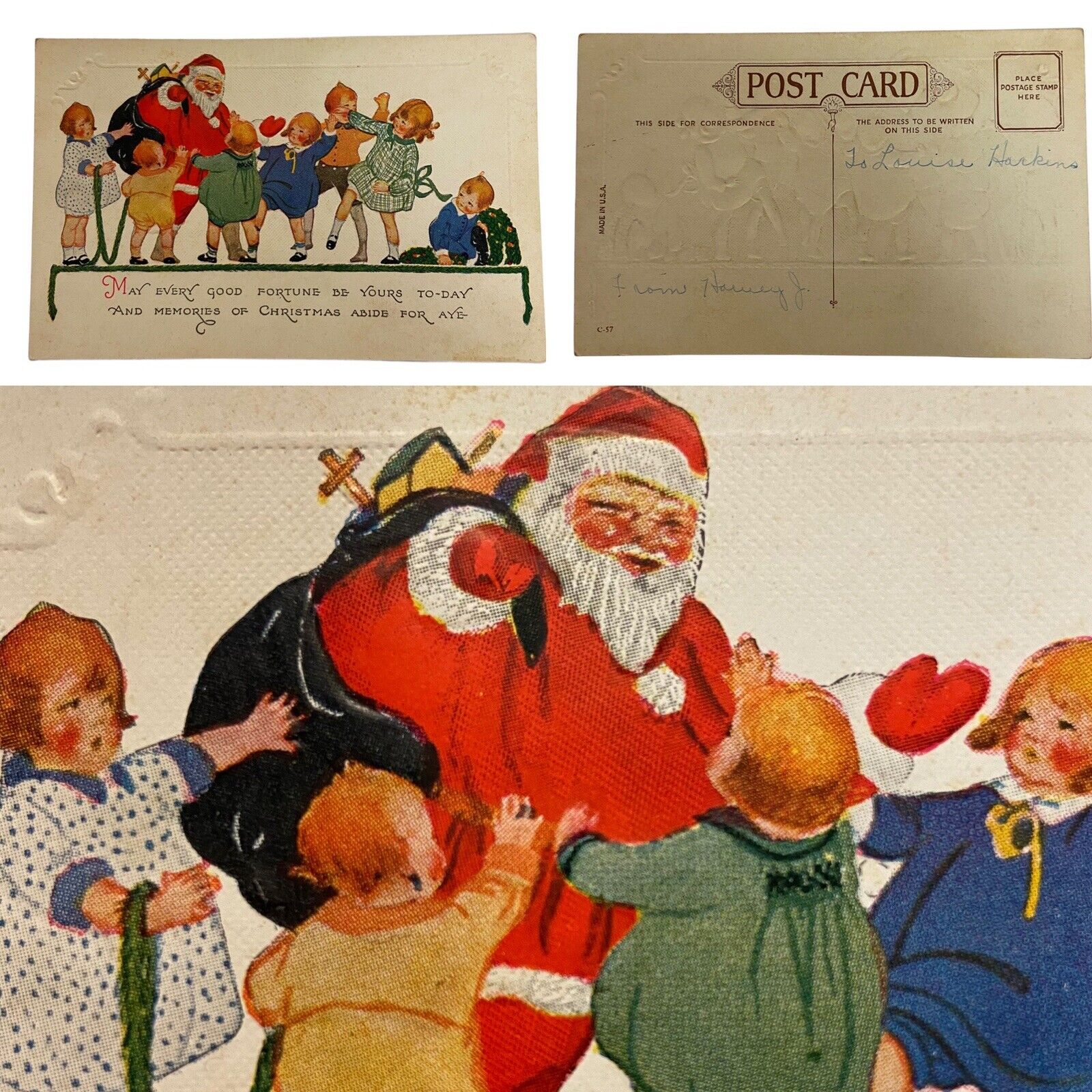 Postcard Santa Claus Children Dancing May Every Good Fortune Christmas Embossed 