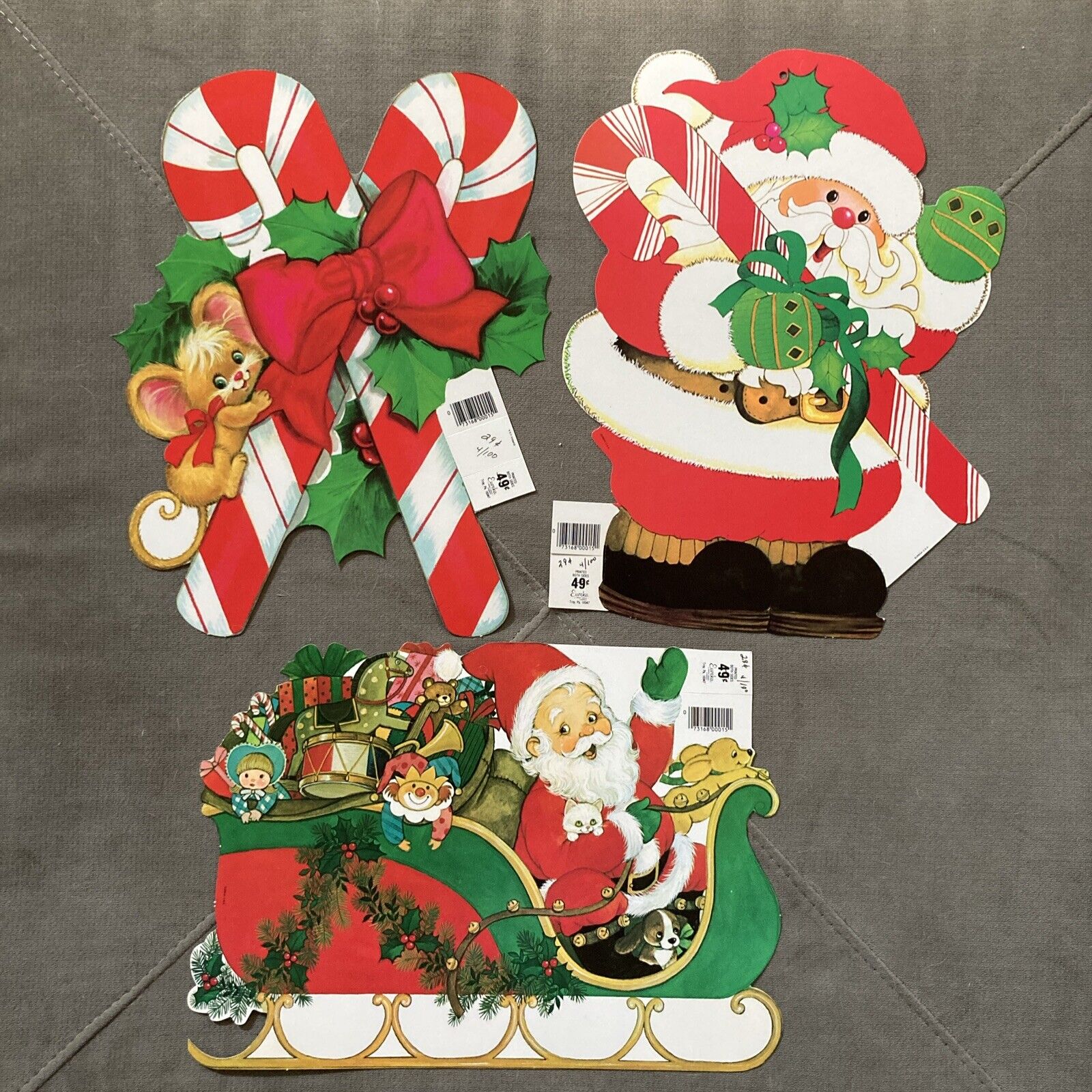 Vintage Eureka Christmas Die Cut Cutout Decorations Lot Of 3 Santa Candy Cane
