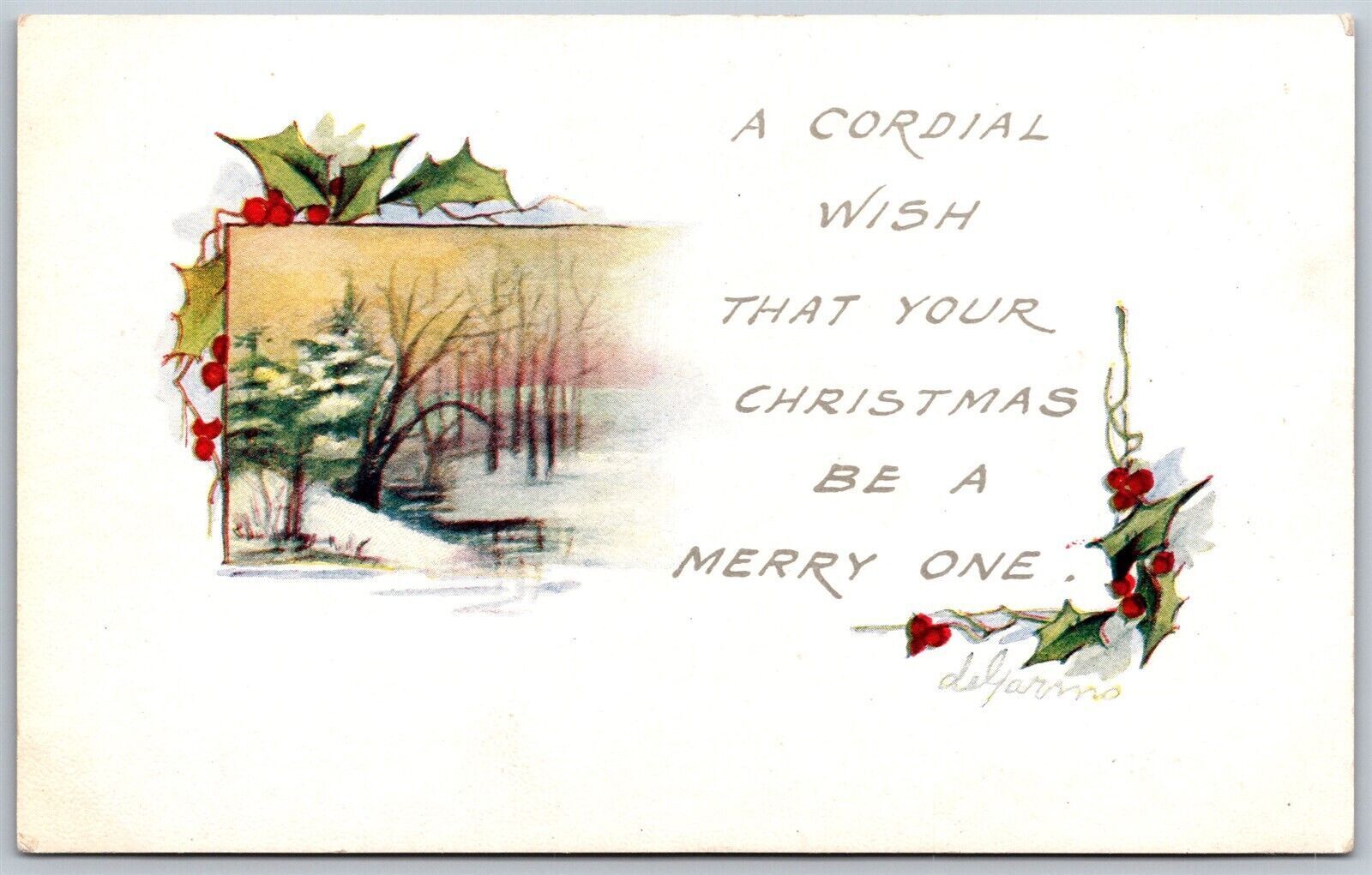 Vtg Merry Chistmas Greetings Scenic View Holly 1910s Postcard