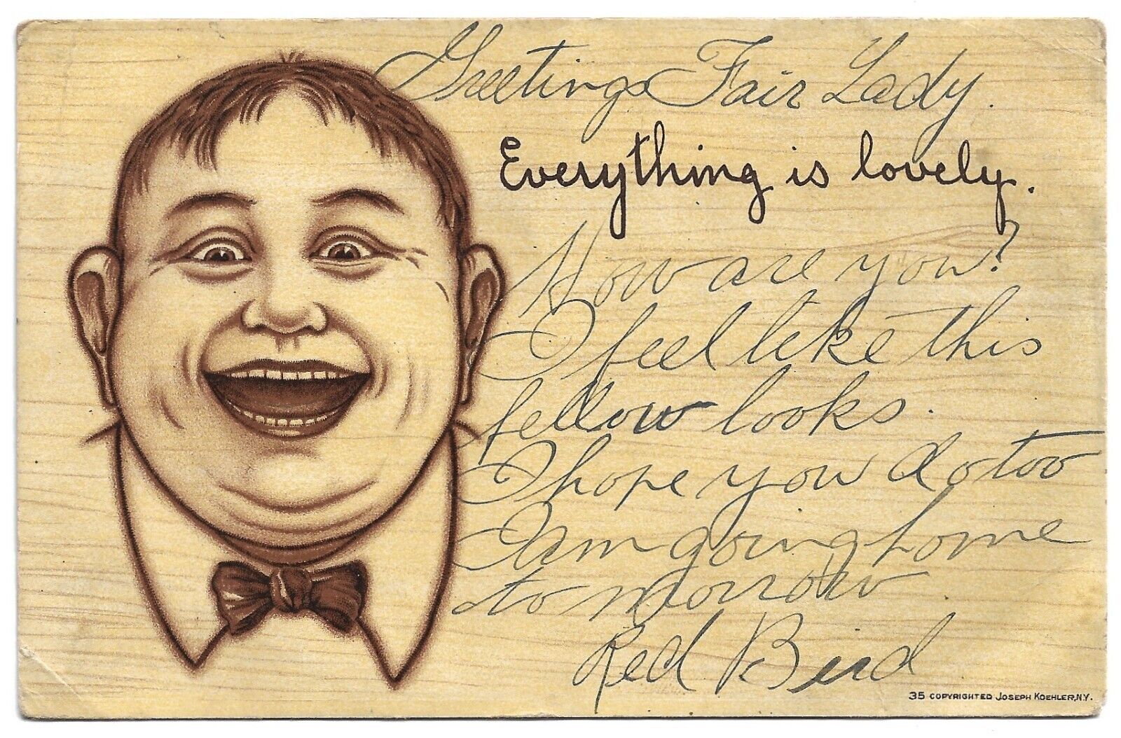 Smiling Man with Bowtie Faux Wood Joseph Koehler 1905 Vintage Comic Postcard