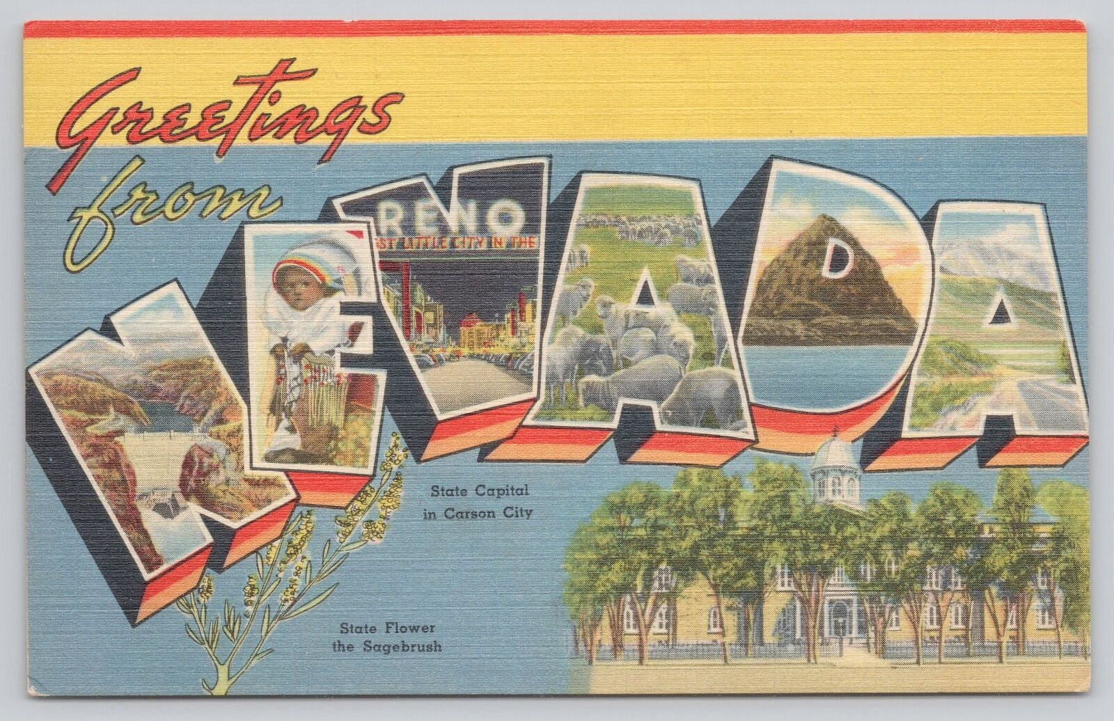 Postcard Greetings From Nevada Large Letter Tichnor Bros. Carson City Sagebrush