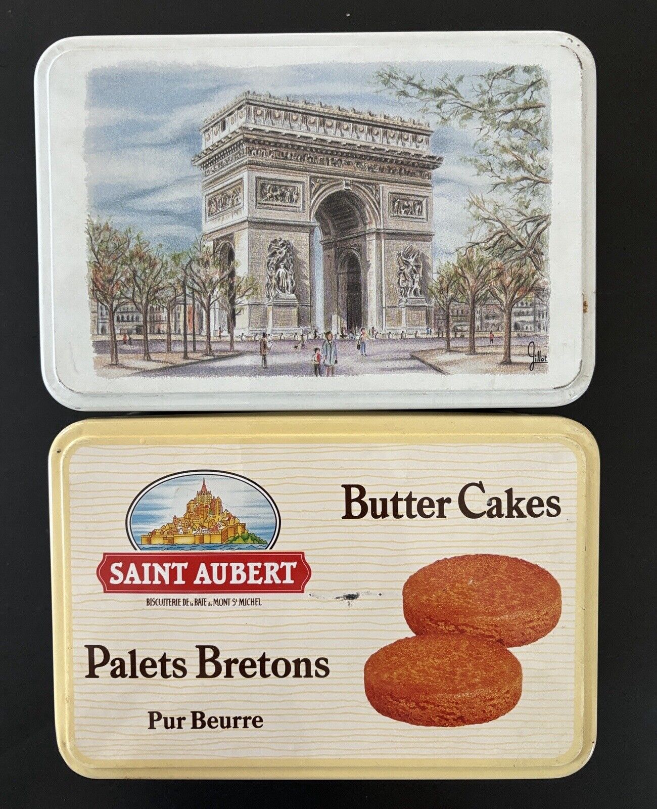 2 Vintage French Candy Cookie Tins Boxes Storage Trinket Paris Mont St Michel