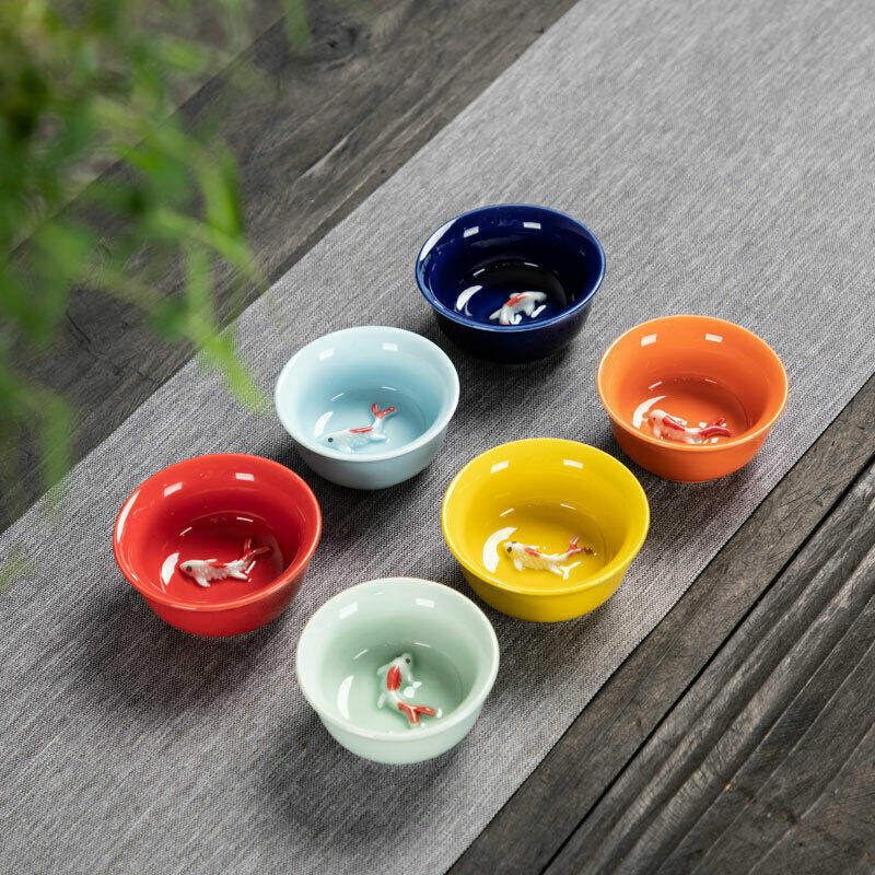 Celadon Six-Color Fish Cup Blue and White Porcelain Kung Fu Tea Cup 6 Pc
