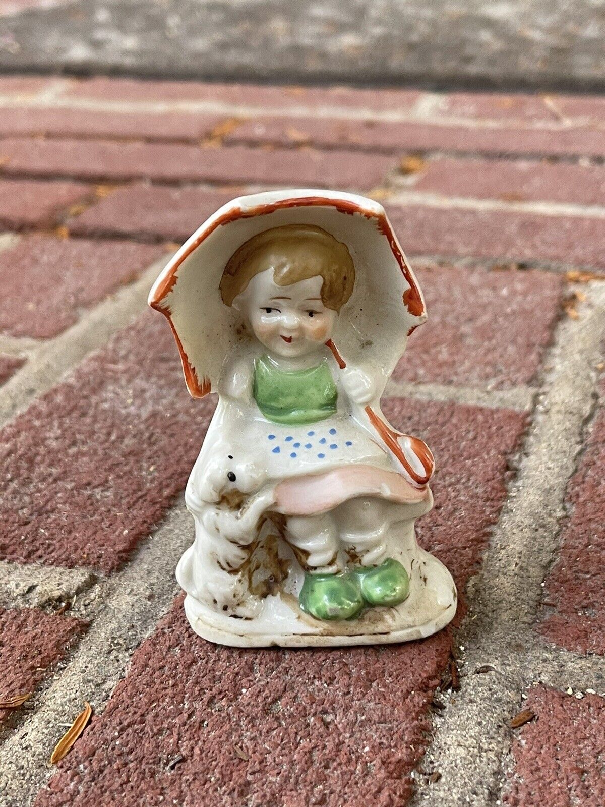 Vintage Japanese Hand Painted Ceramic Girl With Umbrella & Puppy Occupied Japan.