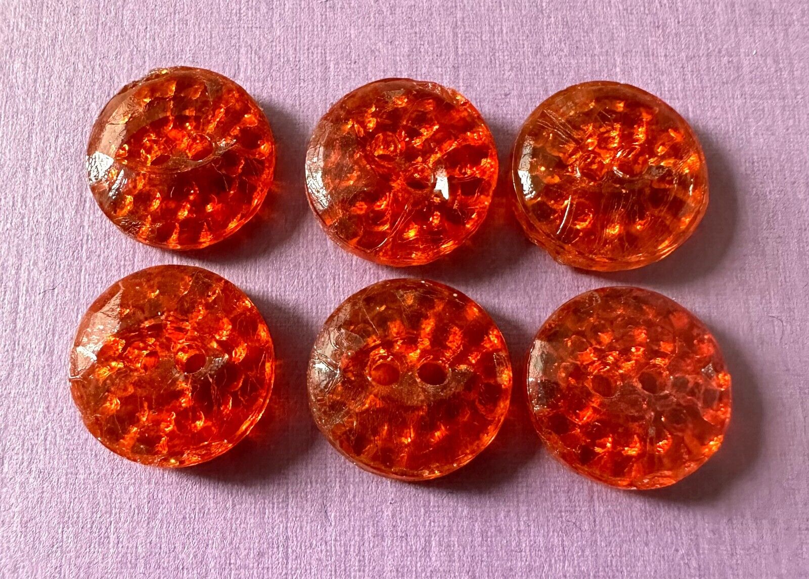 6 Vintage Unusual Orange Glass Buttons - Very Textured, Gorgeous Color