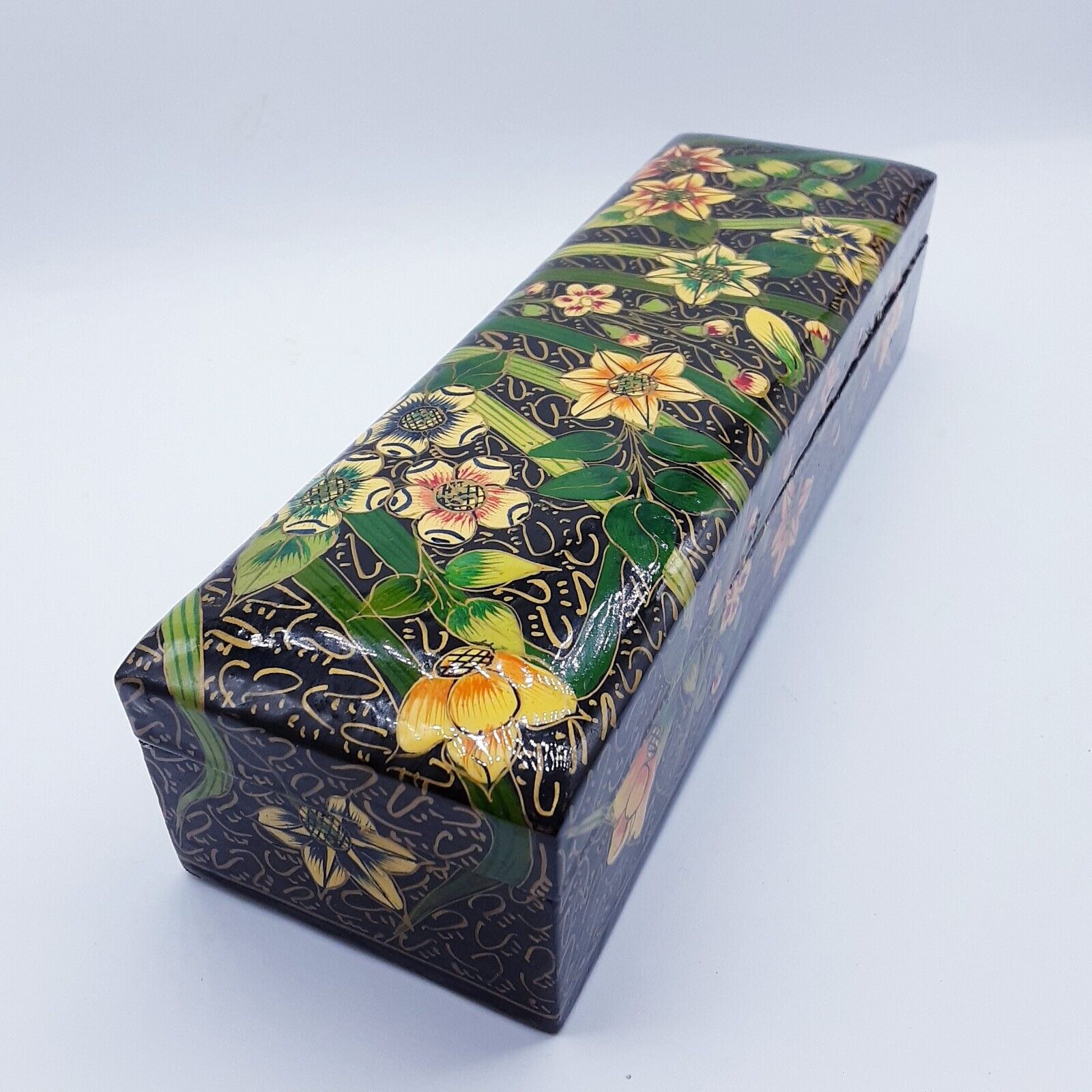 Vintage Kashmir Handcrafted Lacquer wooden pencil Trinket Jewelry Box floral 