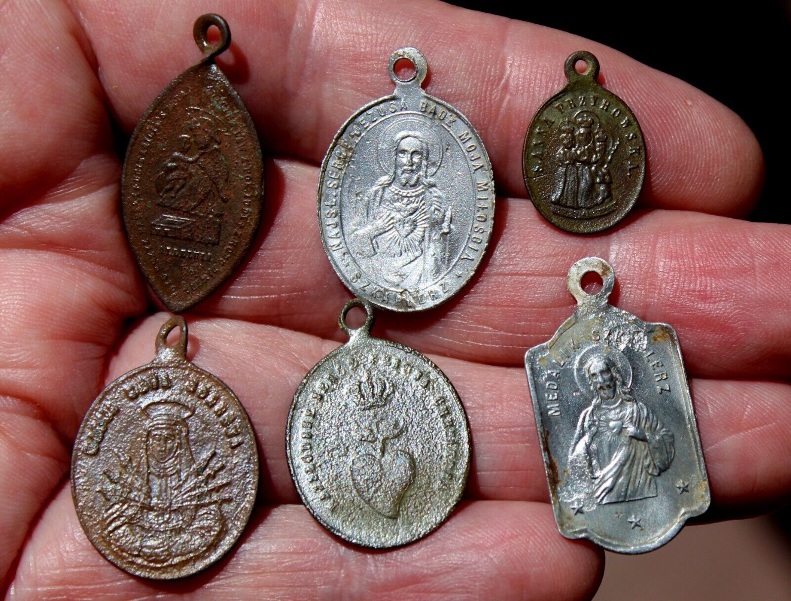 6 Old Different Metals Christian Artifacts Pendants Dug In Latvia Field