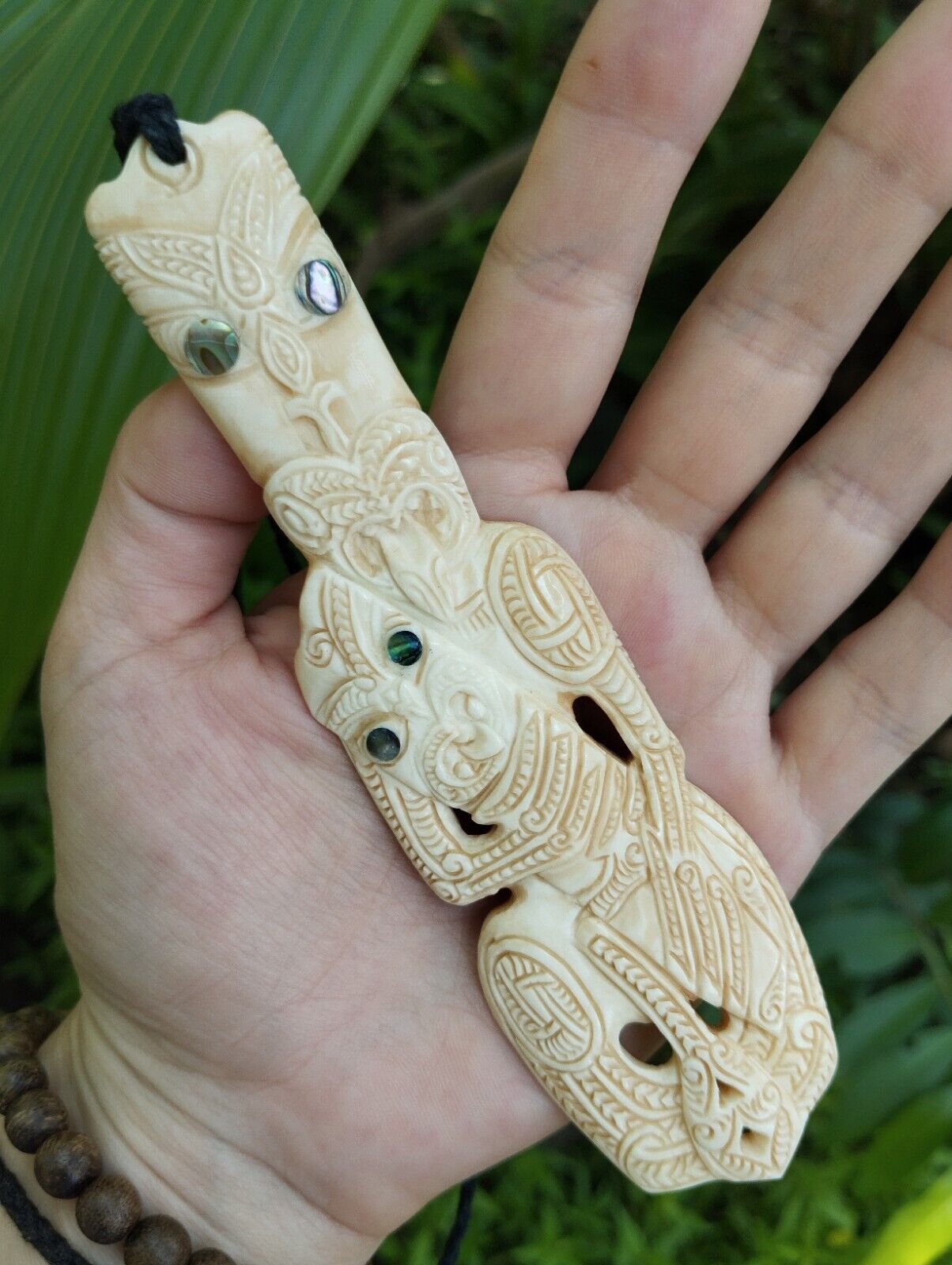 Maori Pendant Tiki Large Hand Carved Bone Abalone Eyes New Zealand