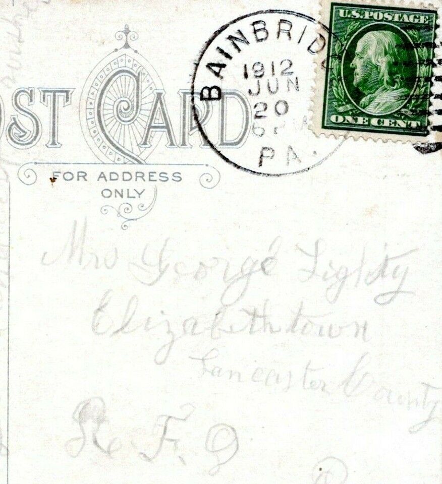 Bainbridge Pennsylvania Postmark Postcard to Elizabethtown Lichty Cover 1912 HO