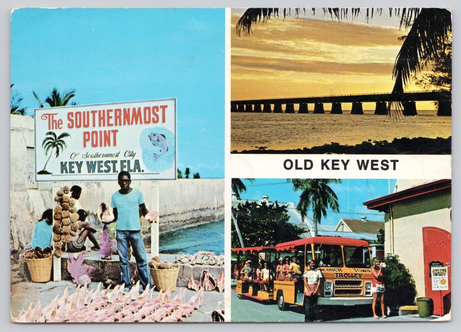 Postcard Old Key West Fl 4x6 3 views Sunset People  Conch Town Trolley  UNP (a2)