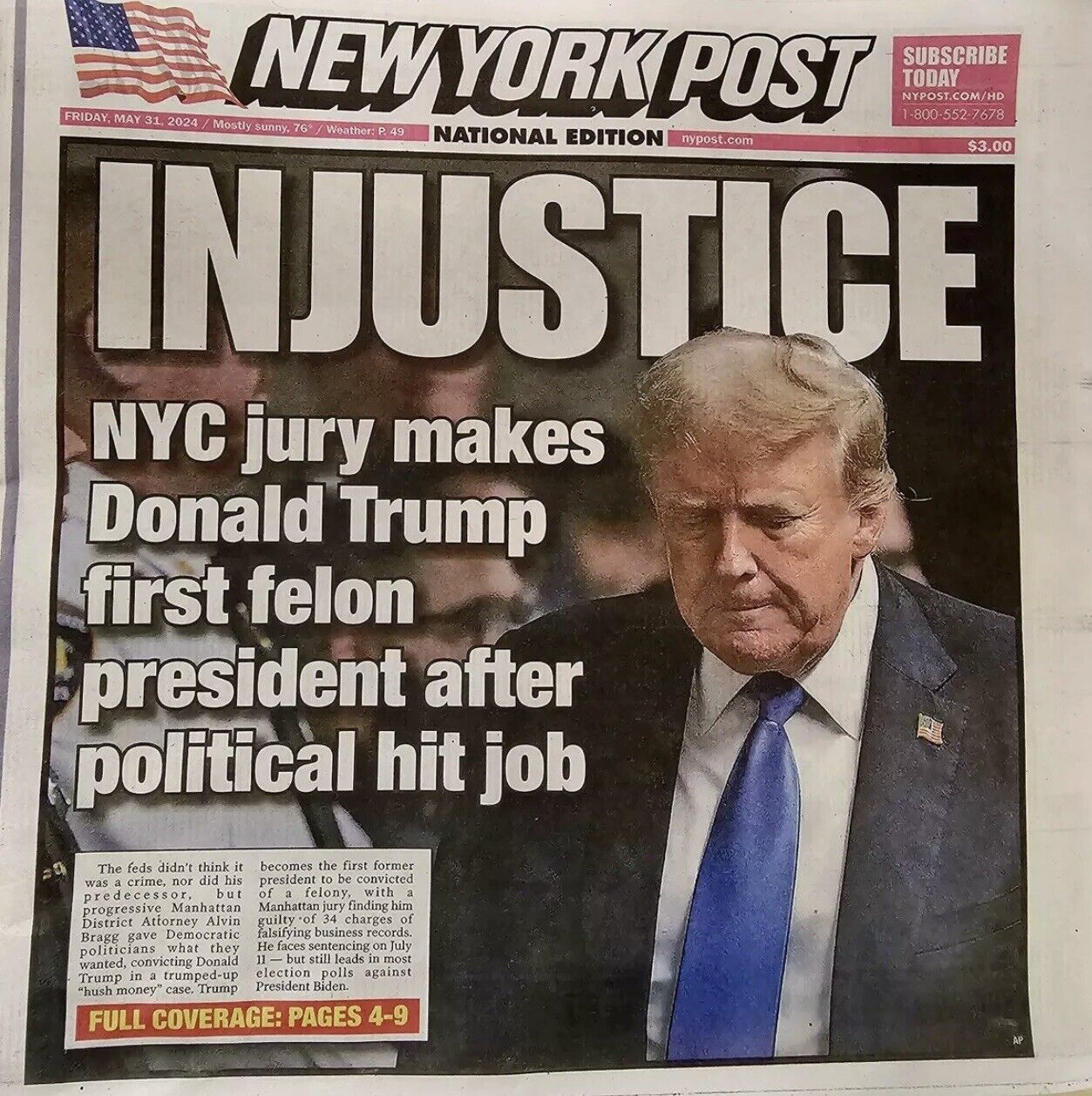 New York Post Newspaper May 31 2024 Trump Injustice Guilty Convicted 5/31/24