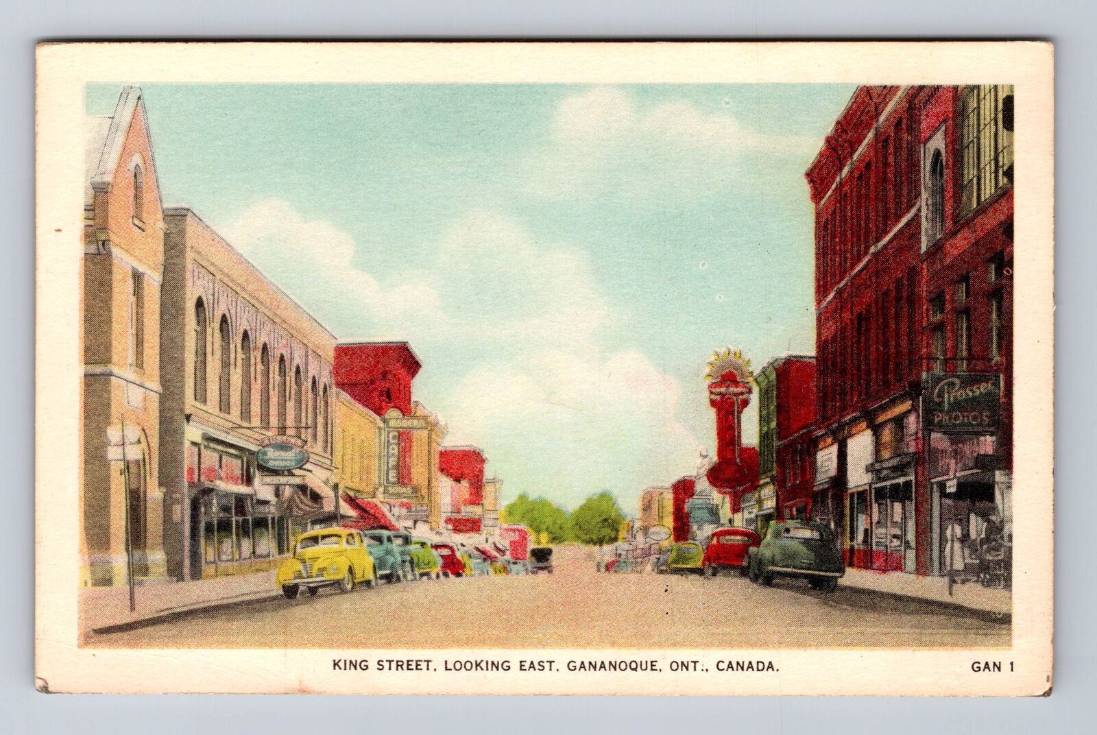 Gananoque Canada, King Street Looking East, Café\'s Shops, Drugs Vintage Postcard