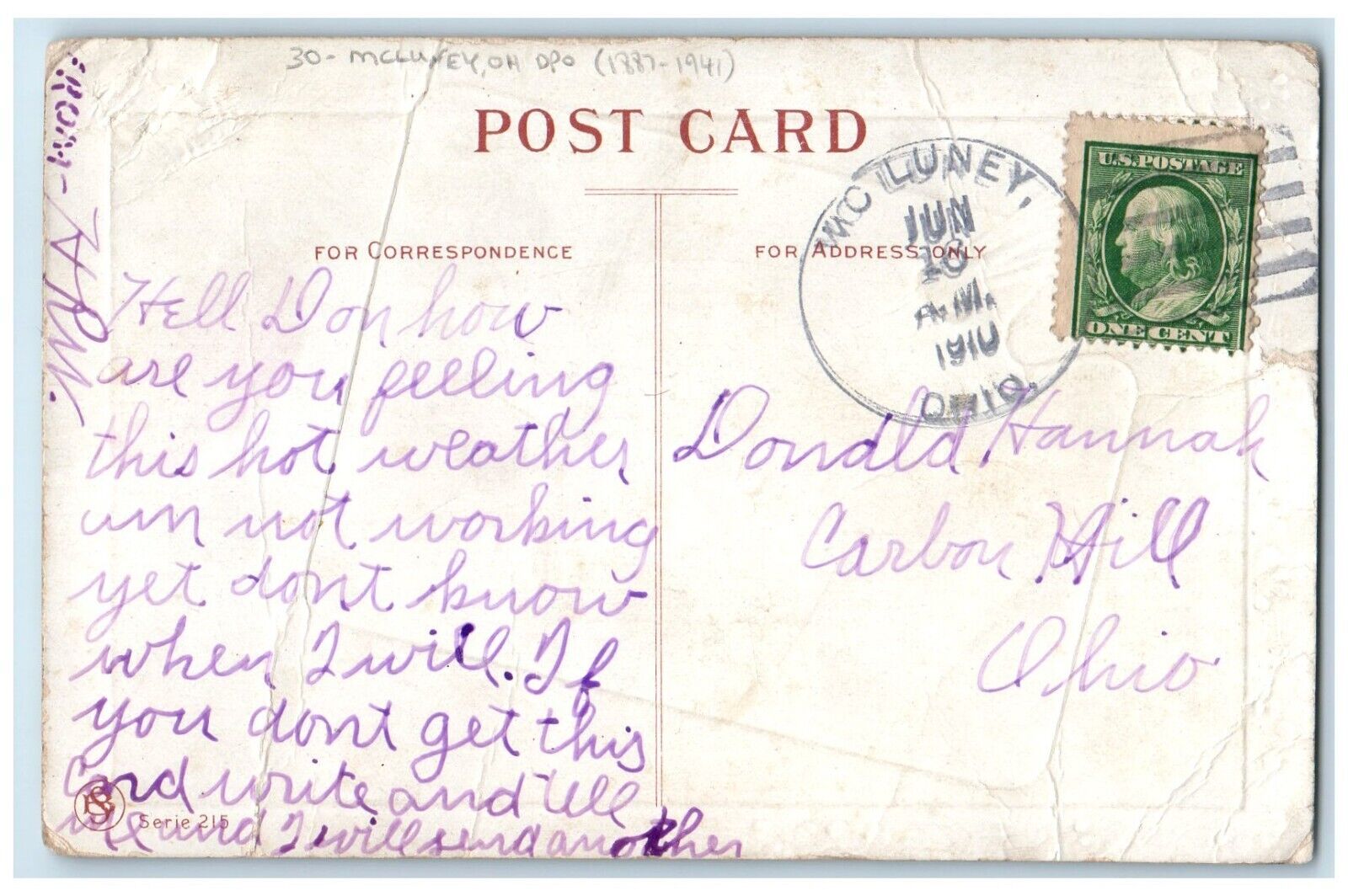 DPO 1887-1947 Mc Luney Ohio OH Postcard Greetings Paint Brush River 1910 Antique