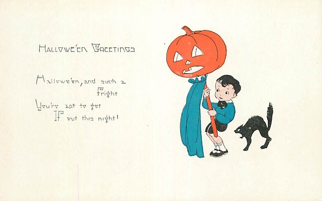 Auburn Halloween Postcard Child w/ Jack-o-Lantern on Stick