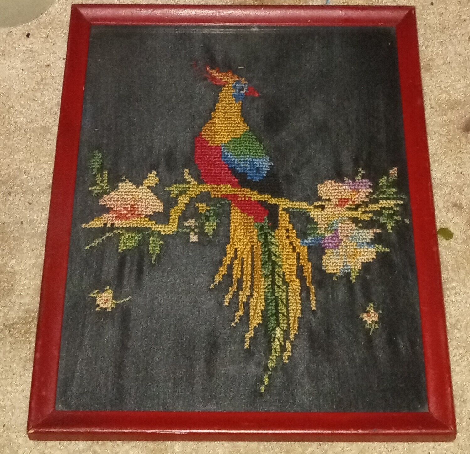 Beautiful Vintage Needlework Picture Bird On Black Silk Framed