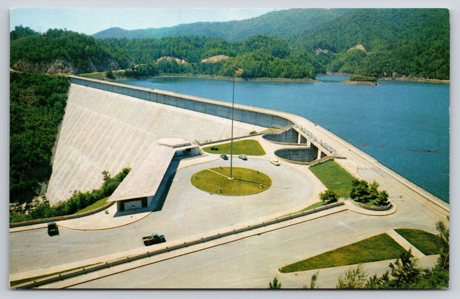 Aerial View Fontana Dam & Observation Building North Carolina Postcard UNP