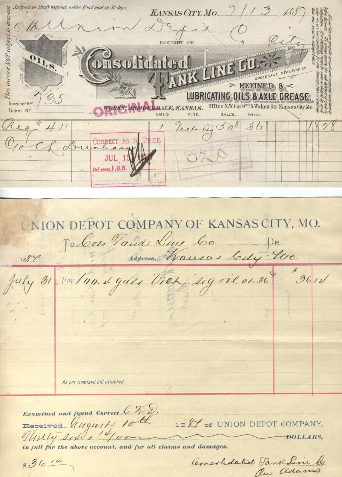 1887 KANSAS CITY MISSOURI CONSOLIDATED TANK LINE BILLHEAD & VOUCHER TO UNION DEP
