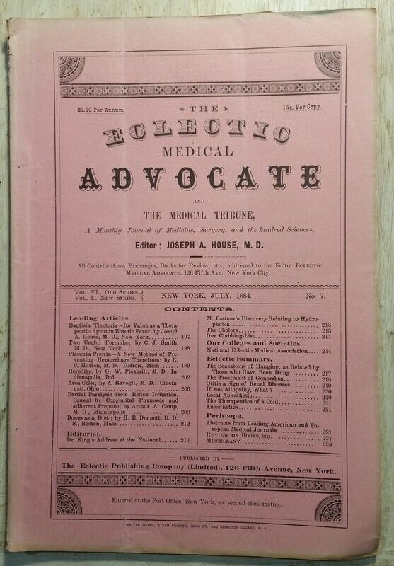 July 1884 The Eclectic Medical Advocate Tribune Joseph A. House MD NY New York