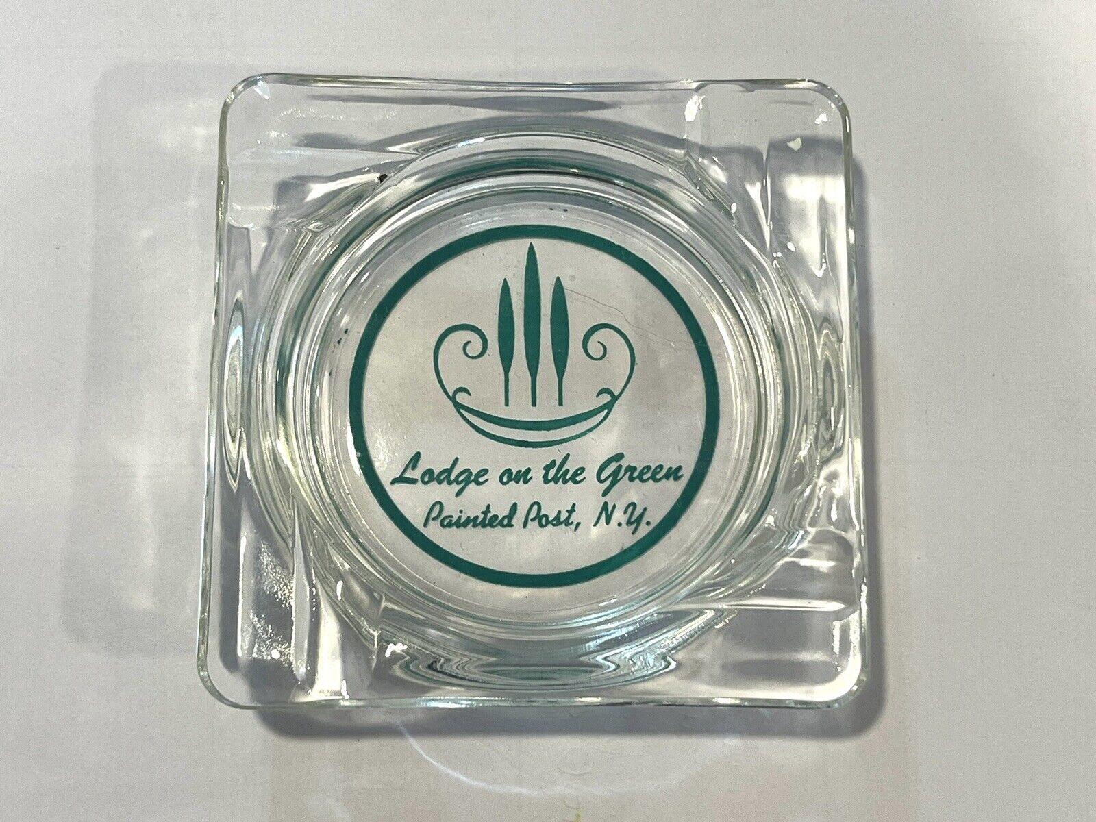 Vintage Lodge On The Green Painted Post, New York  Square Glass Ashtray