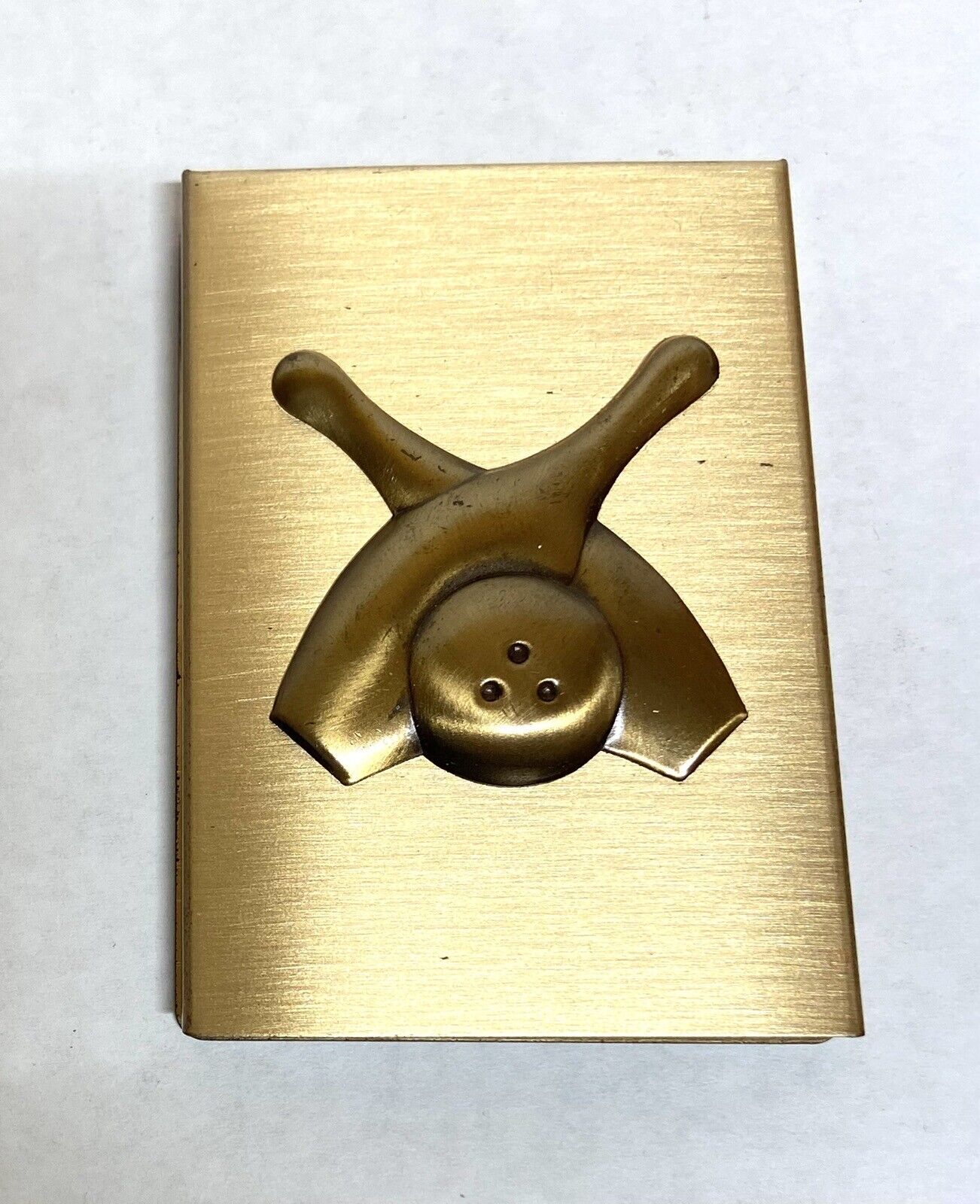 Vintage Metal Note Pad Holder -Bowling design attached- brushed brass finish NOS