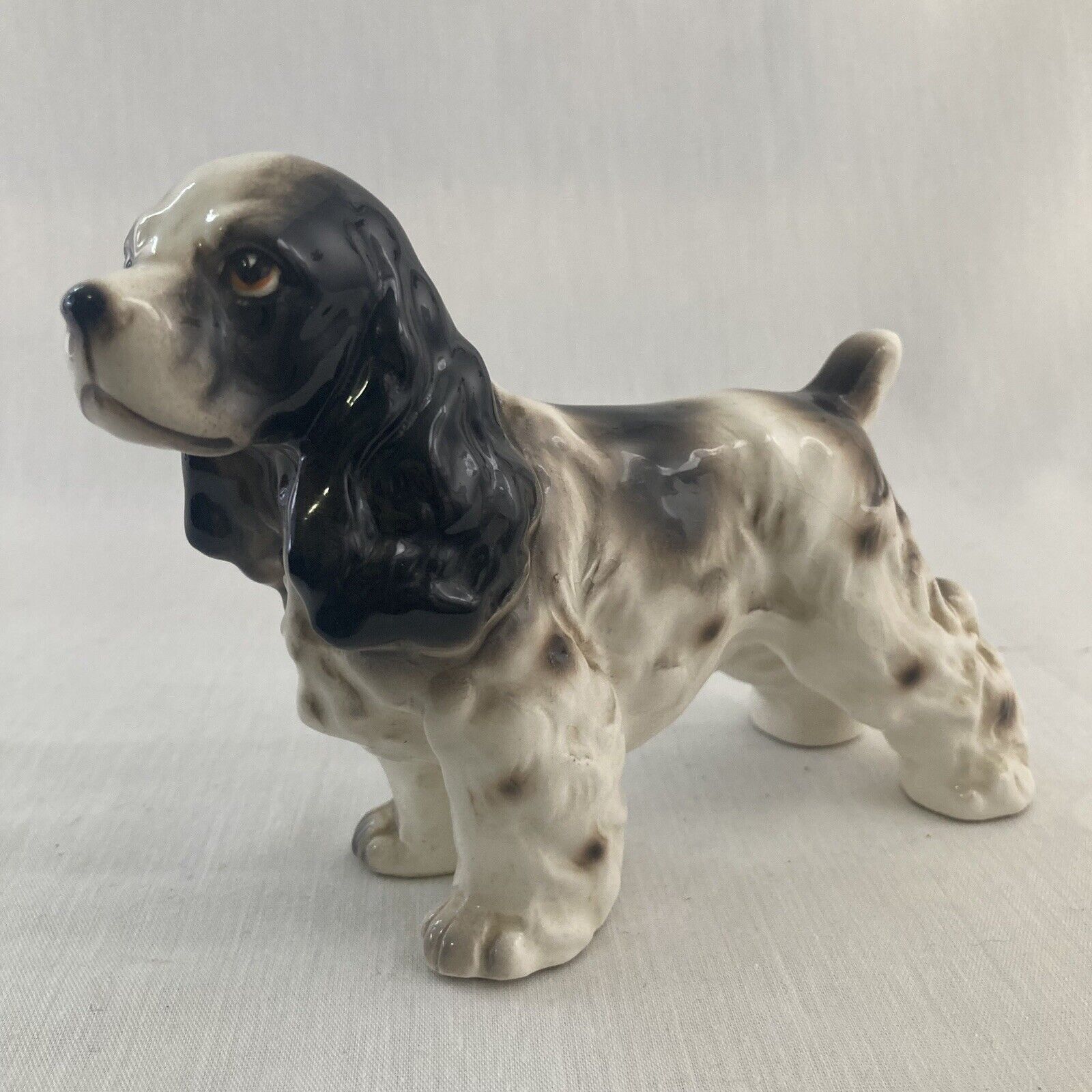 VINTAGE Ceramic Black & White Cocker Spaniel Dog Figurine