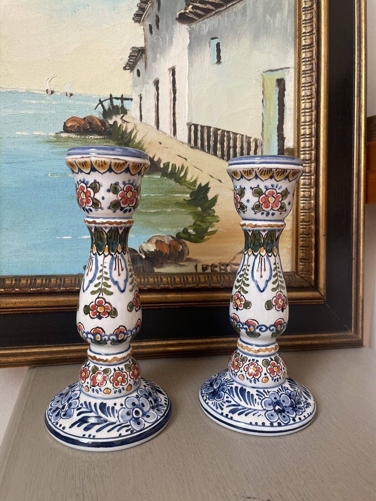 Vintage Pair Of Delft Hand Painted Colorful Floral Candle Holder 6024