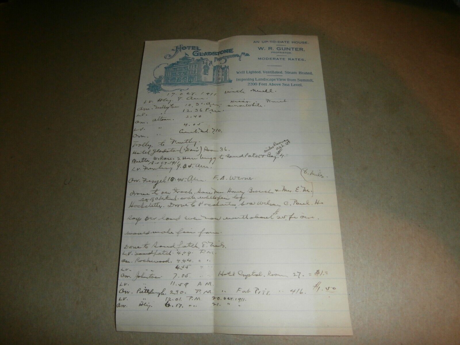 Vintage 1911 Stationery Paper Hotel Gladstone Frostburg MD W R Gunther
