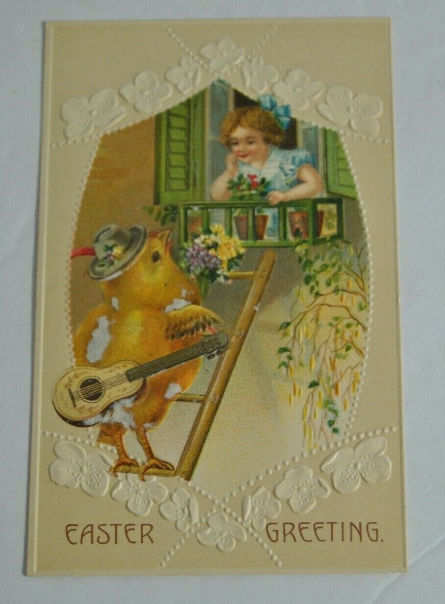 Antique EASTER GREETING  Embossed Chick Serenading to Child Germany Postcard