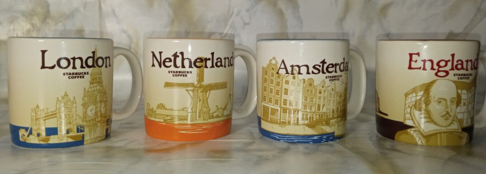 🌎 LOT of 4 Starbucks Amsterdam ENGLAND Netherlands LONDON Ornaments Mugs 2oz 🌎