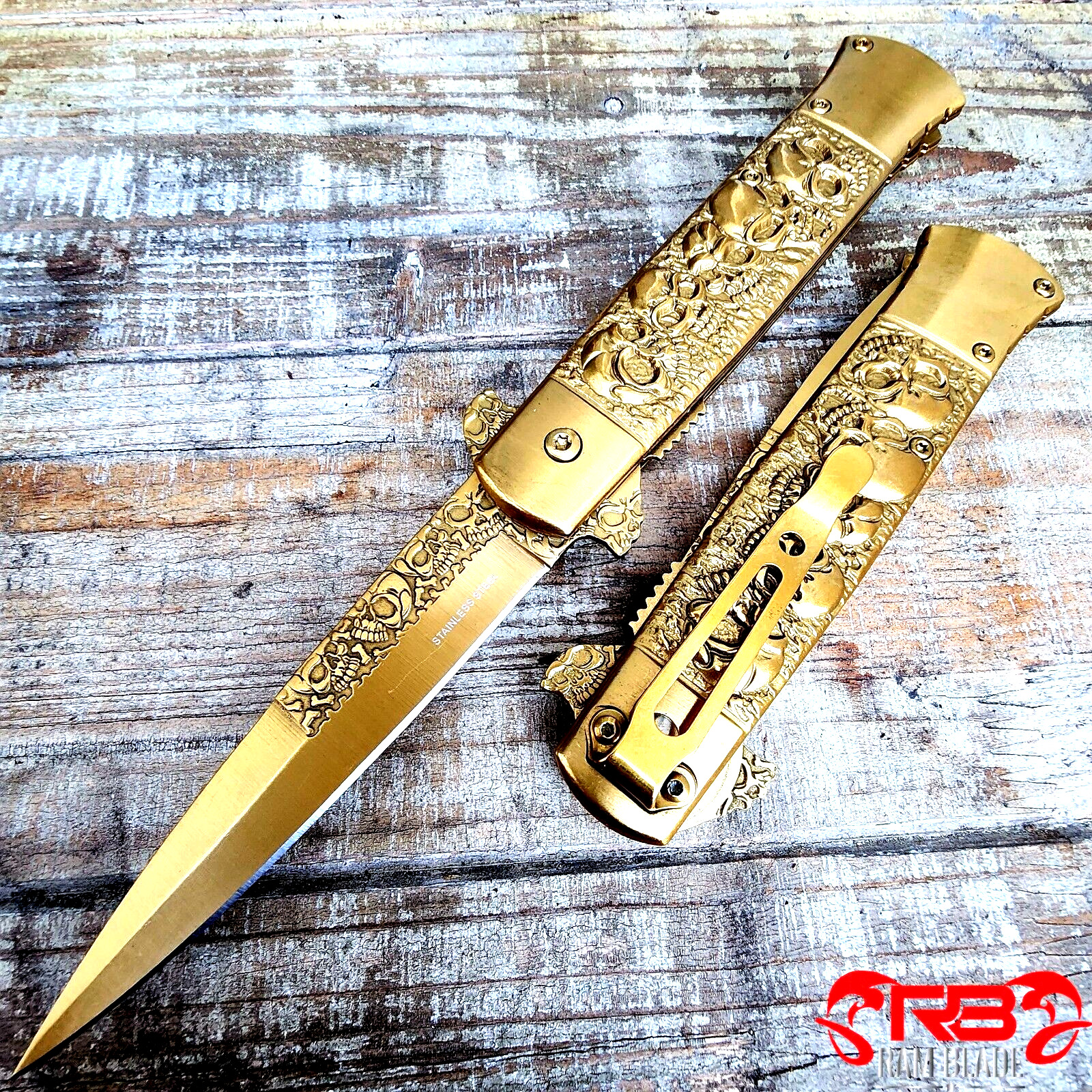 9” Gold Ross Knife Tactical Spring Assisted Open Blade Folding Pocket Knife
