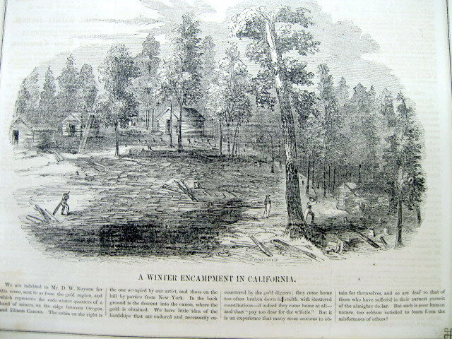 1851 illustrated newspaper with early VIEW of a CALIFORNIA GOLD RUSH Mining Camp
