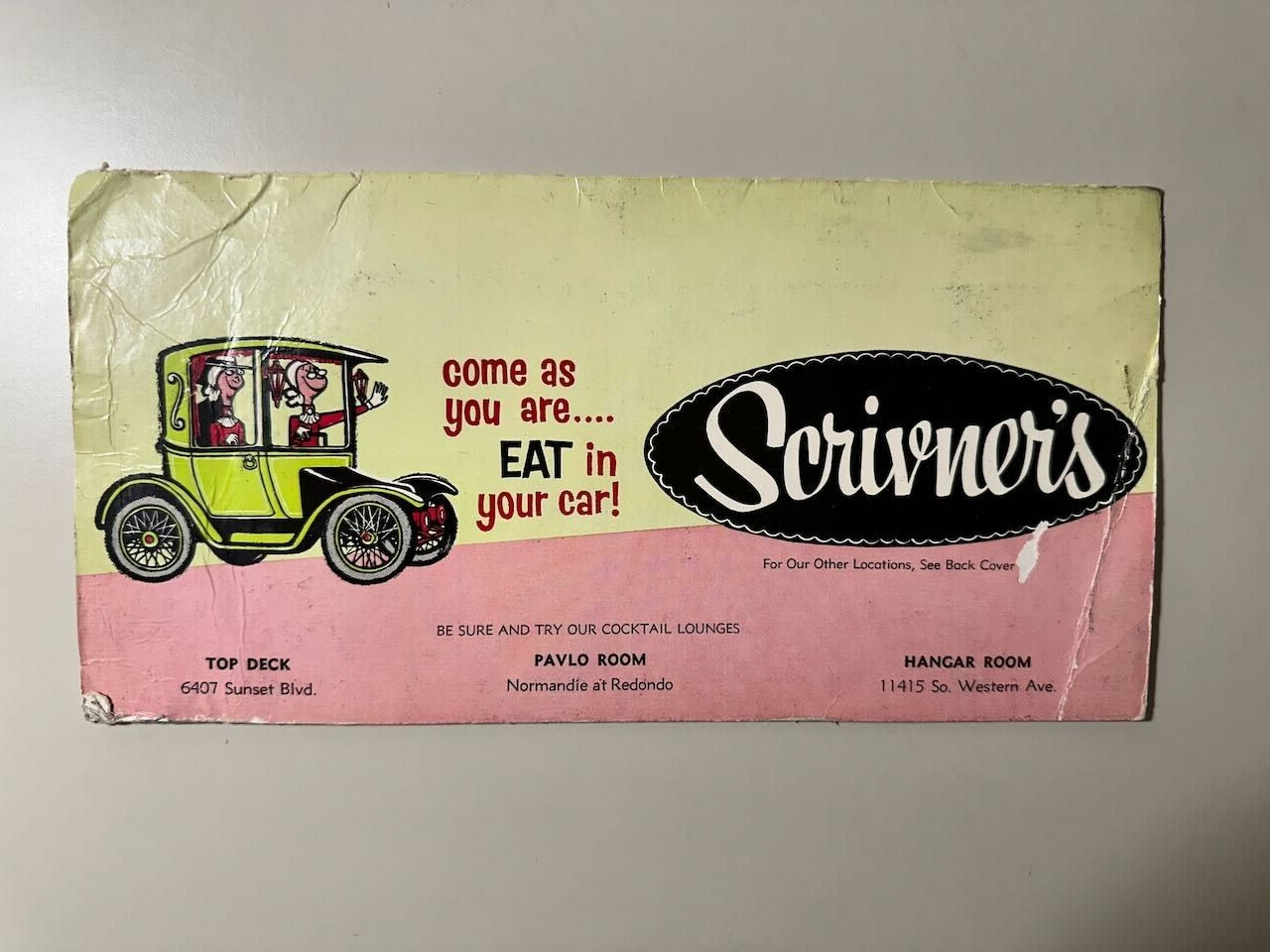Original 1950s SCRIVNER'S DRIVE-IN Vintage Menu Los Angeles Mid-Century RARE