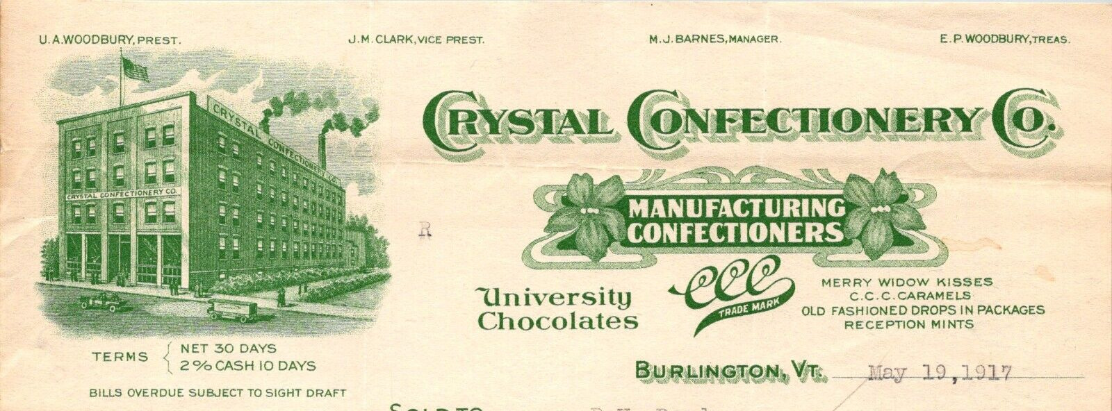1917 CRYSTAL CONFECTIONERY CO UNIVERSITY CHOCOLATES CARAMEL BURLINGTON VT  BL257