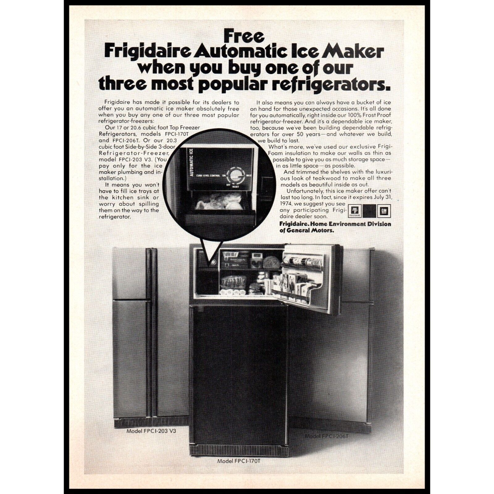 1974 Frigidaire Automatic Ice Maker Fridge Refrigerator Vintage Print Ad Photo