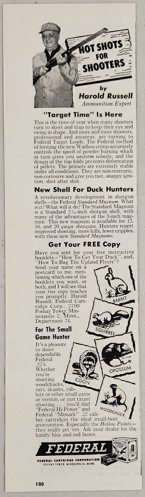 1955 Print Ad Federal Cartridge Shotgun Shells & .22 Caliber Minneapolis,MN