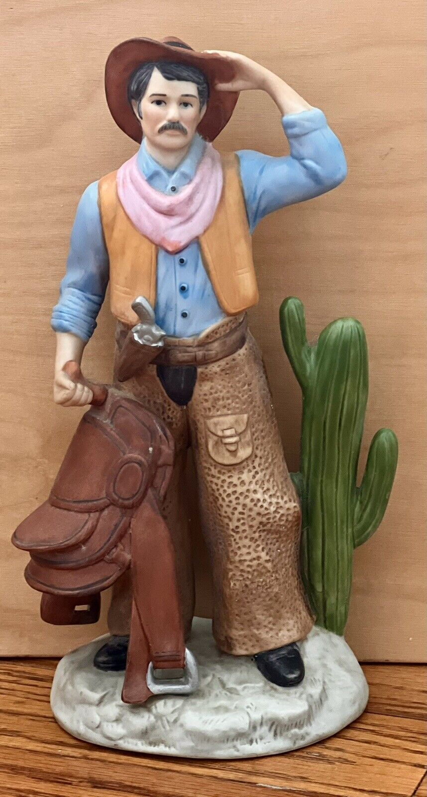Vintage Home Interior Southwestern Cowboy, Cactus Holding Saddle Figurine 1419
