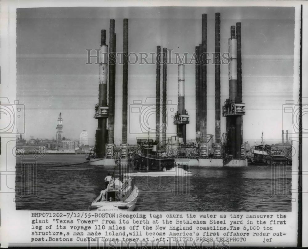 1955 Press Photo Texas Tower Moved at Bethlehem Steel Yard, Boston - nef21572