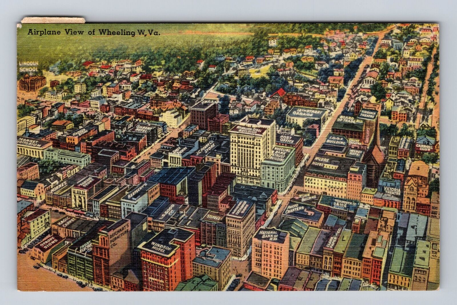 Wheeling WV-West Virginia, Aerial Of Town Area, Antique, Vintage c1947 Postcard