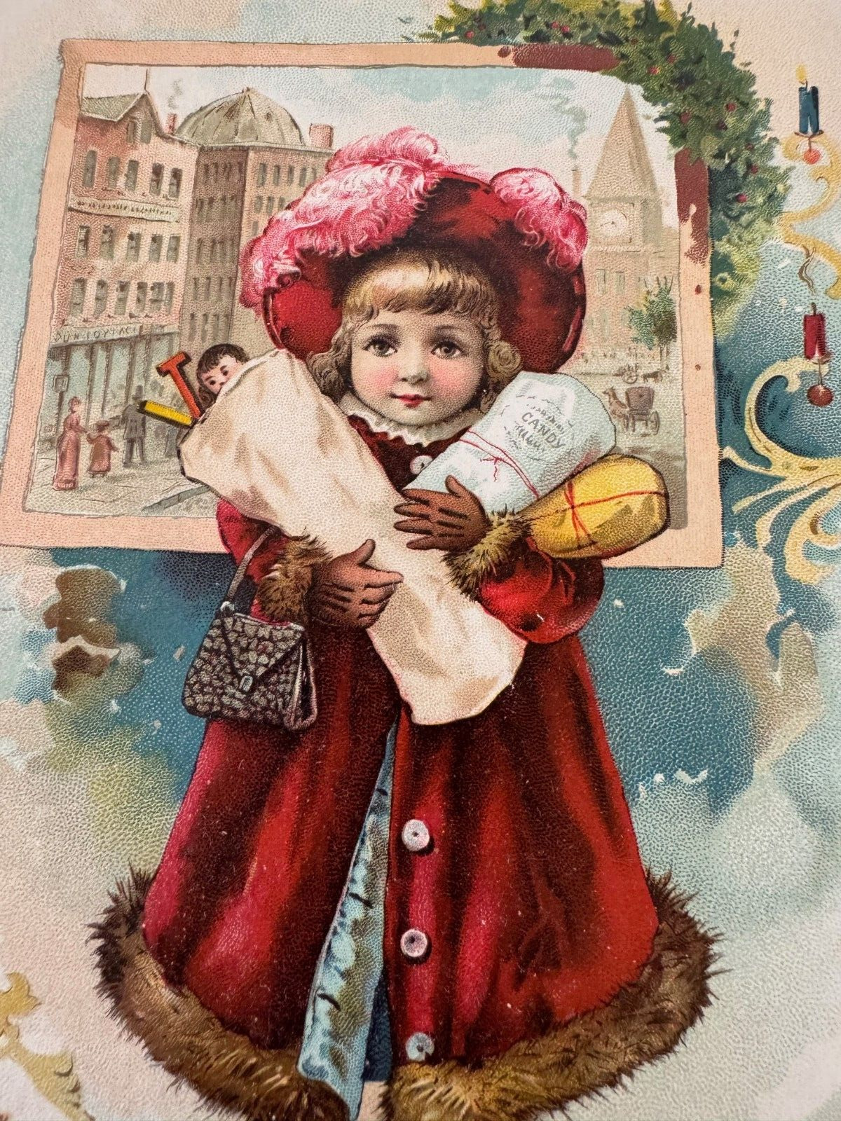 1890s Christmas Shopping Lion Coffee Woolson Spice Co. Sweet Girl w Toys Gifts