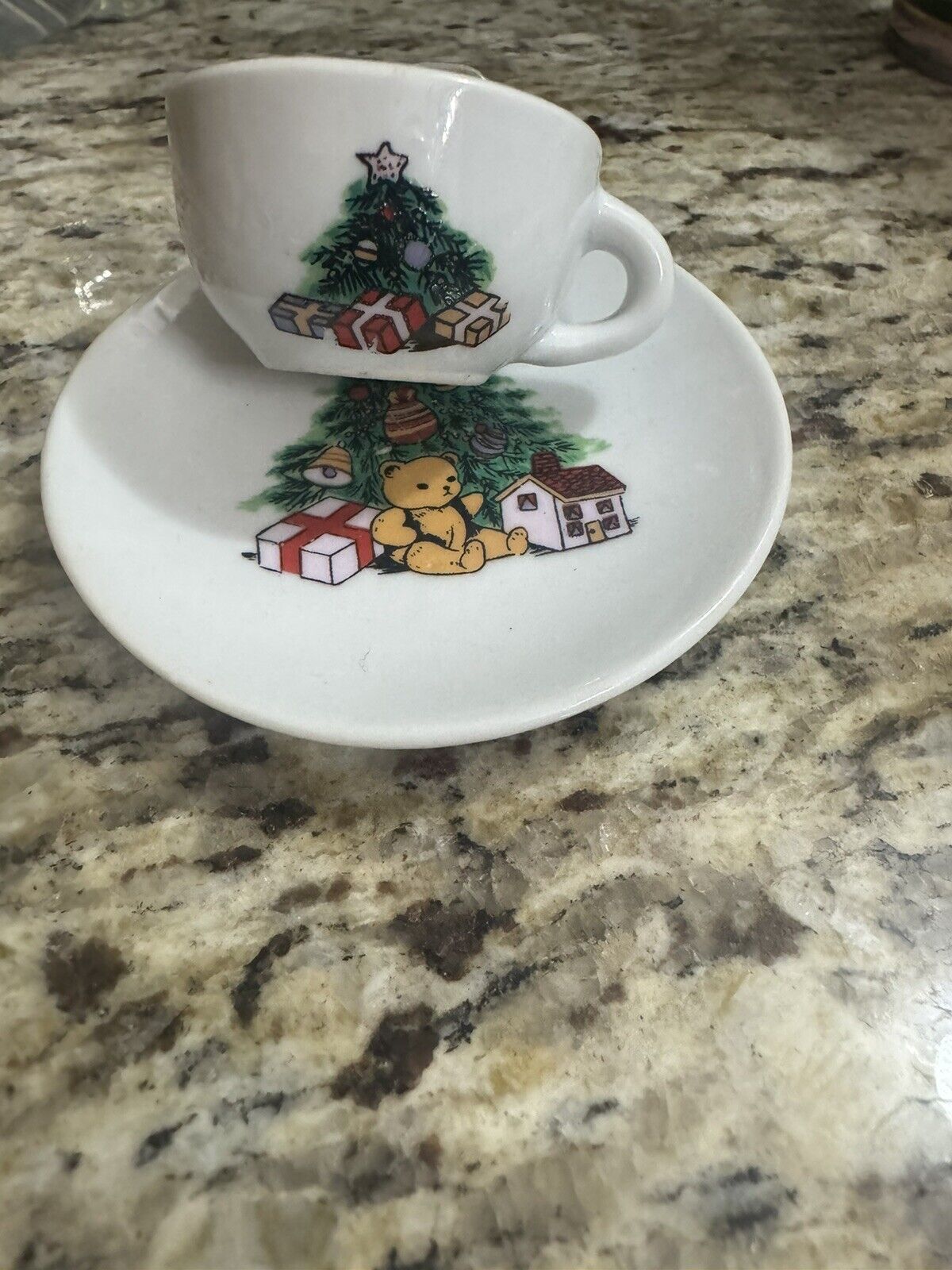 Miniature Tiny Porcelain Children Christmas & Teddy Bear Tea Cup And Saucer Set