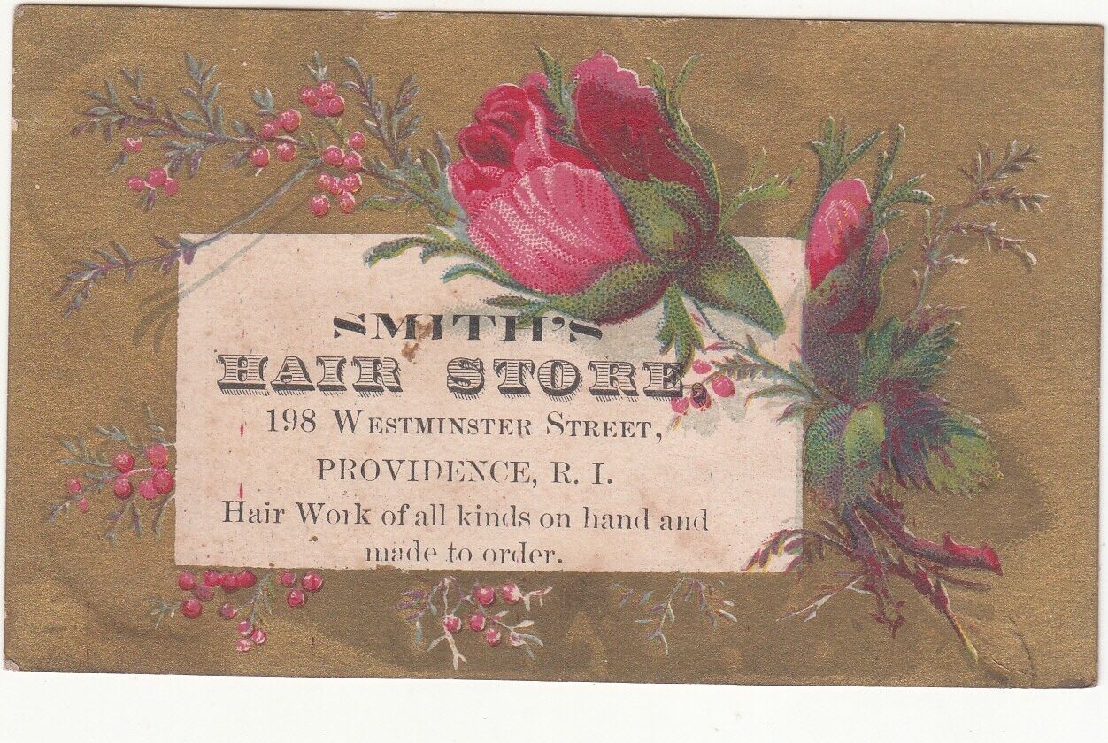 Smith\'s Hair Store Providence RI Red Rose Gold Vict  Card c1880s