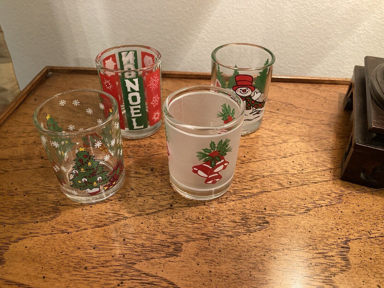 Lot 4 Vintage Christmas Glass Votive Holders Snowman Tree Noel Bells Holly 2.5”