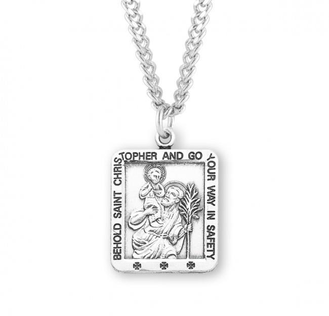 Engraved Saint Christopher Square Sterling Silver Medal Size 1.0in x 0.7in