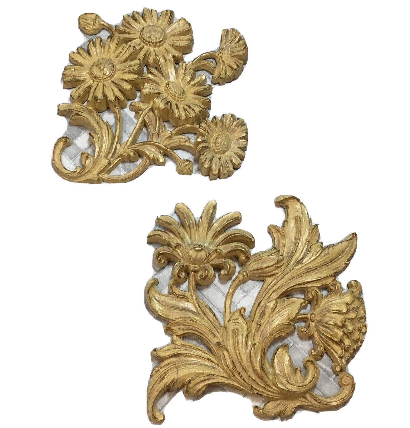 Syroco Cream Gold Floral Daisy Wall Art Plaque 3D Hanging USA Set of 2 Vintage 