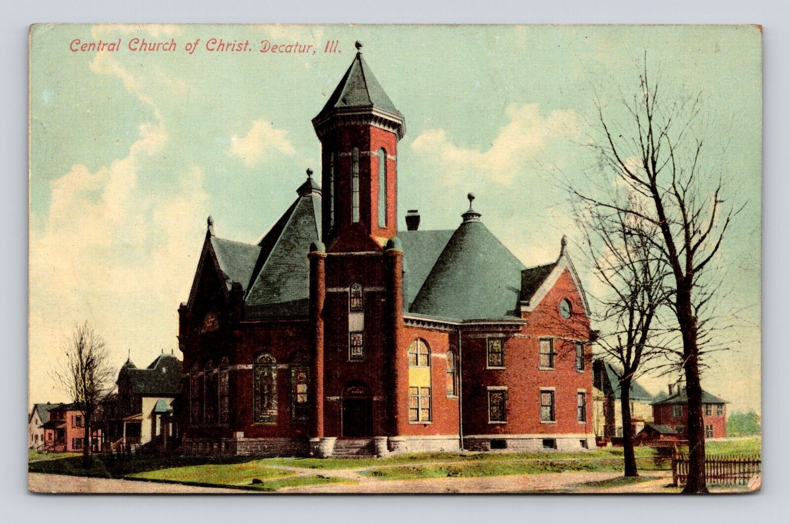 Antique Old Postcard CENTRAL CHURCH OF CHRIST DECATUR IL Flag Cancel 1910