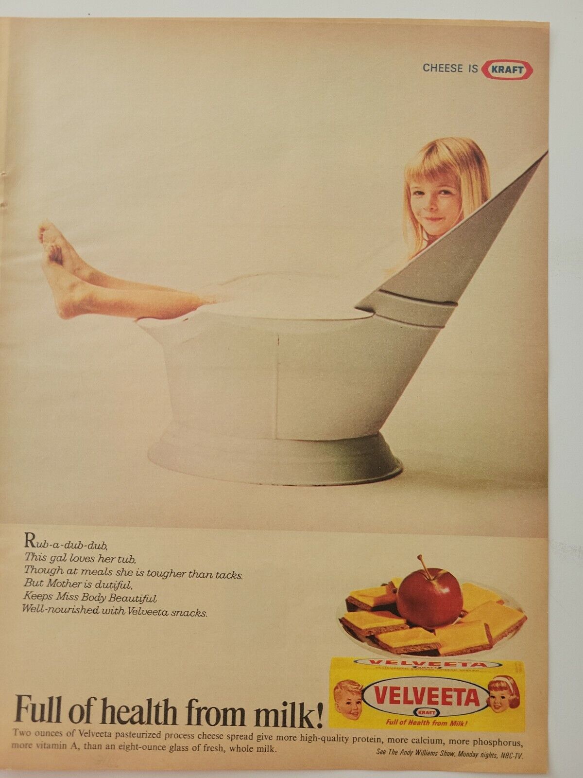 1960s Kraft Velveeta cheese blonde little girl bubble bath tub vintage poem ad